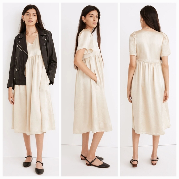 Madewell | Shiny Gold Puff-Sleeve V-Neck Midi Dress - Picture 1 of 8